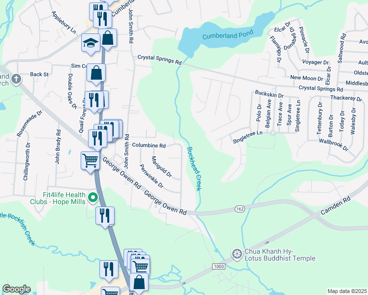 map of restaurants, bars, coffee shops, grocery stores, and more near 5862 Columbine Road in Fayetteville