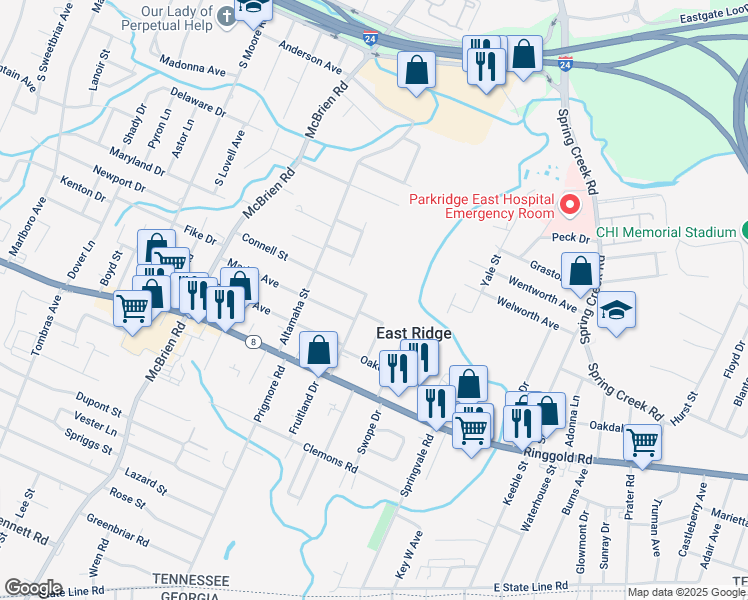 map of restaurants, bars, coffee shops, grocery stores, and more near 5419 Connell Street in Chattanooga
