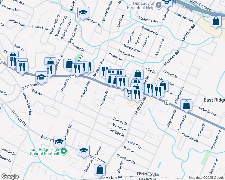 map of restaurants, bars, coffee shops, grocery stores, and more near 4300 U.S. 41 in East Ridge
