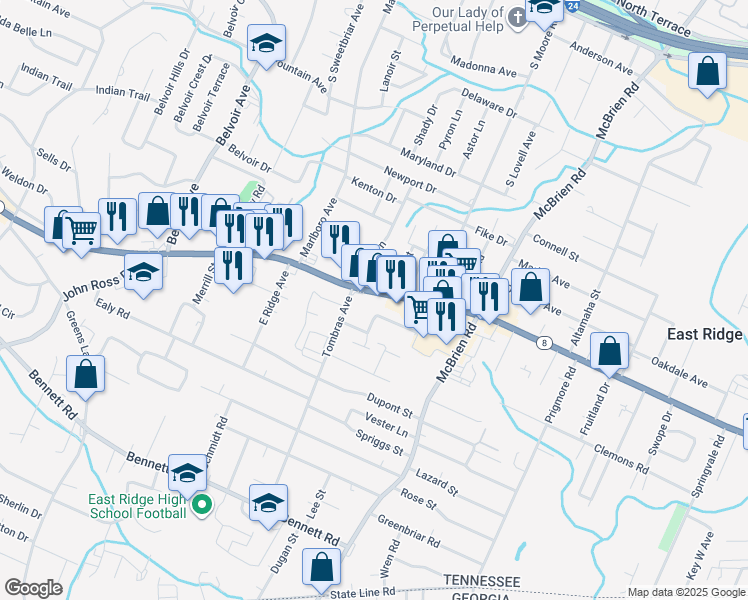 map of restaurants, bars, coffee shops, grocery stores, and more near 4300 U.S. 41 in East Ridge