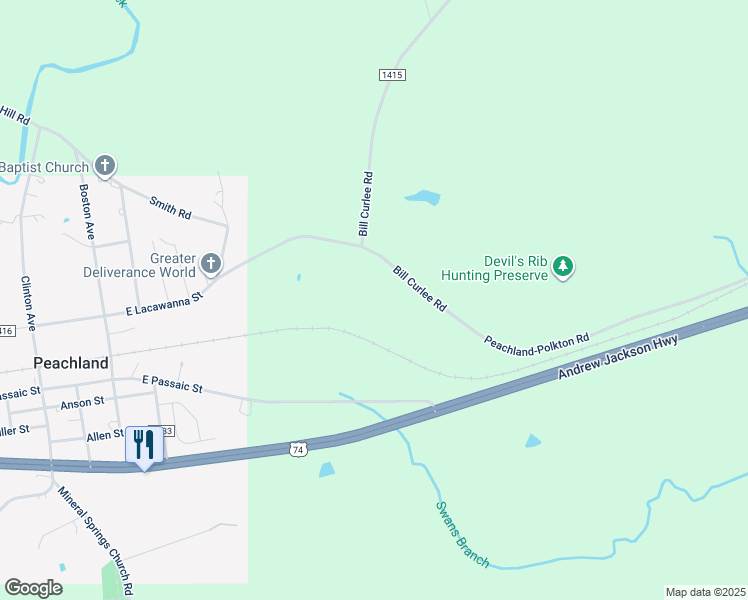 map of restaurants, bars, coffee shops, grocery stores, and more near 2929 Peachland-Polkton Road in Peachland