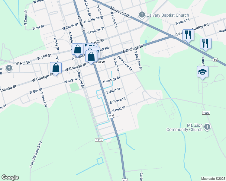 map of restaurants, bars, coffee shops, grocery stores, and more near East John Street in Warsaw