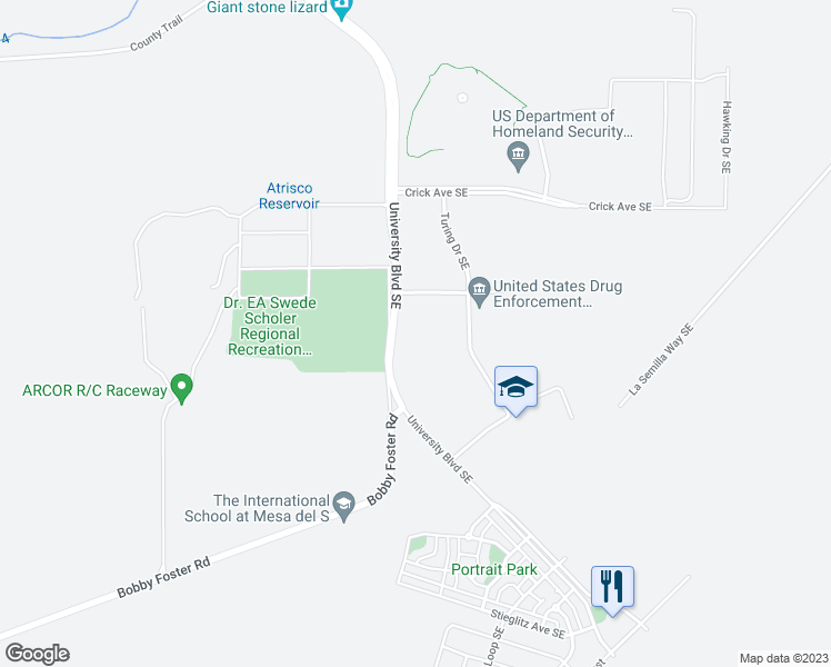 map of restaurants, bars, coffee shops, grocery stores, and more near 5600 University Boulevard Southeast in Albuquerque