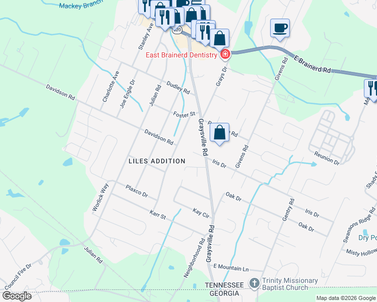 map of restaurants, bars, coffee shops, grocery stores, and more near 830 Lindsay Avenue in Chattanooga