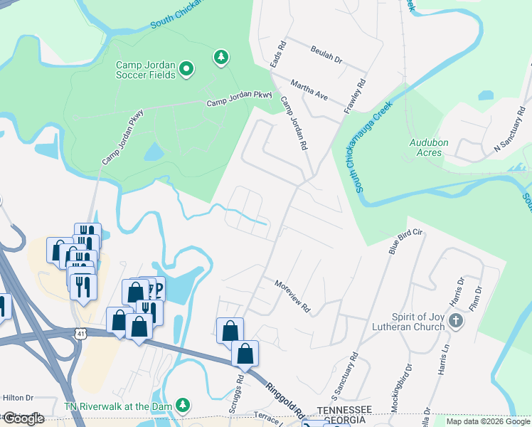 map of restaurants, bars, coffee shops, grocery stores, and more near 425 Frawley Road in Chattanooga