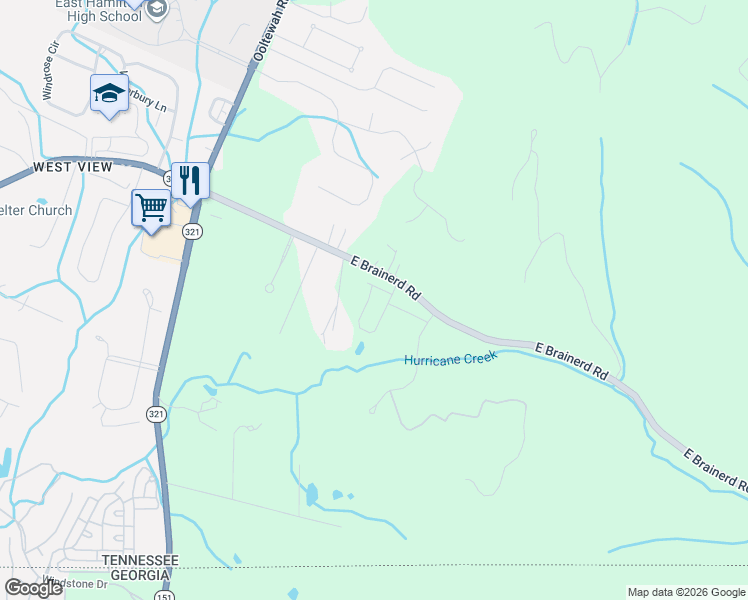 map of restaurants, bars, coffee shops, grocery stores, and more near 9814 East Brainerd Road in Ooltewah