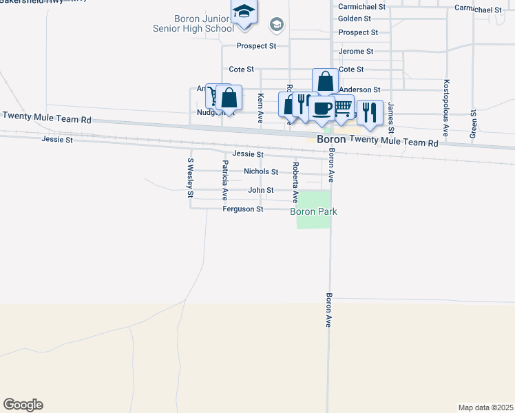 map of restaurants, bars, coffee shops, grocery stores, and more near 26800 John Street in Boron