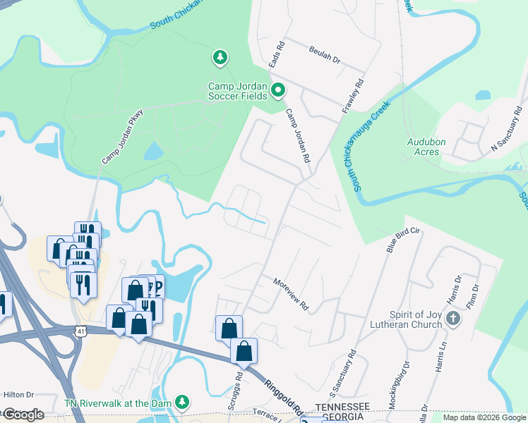 map of restaurants, bars, coffee shops, grocery stores, and more near 425 Frawley Road in Chattanooga