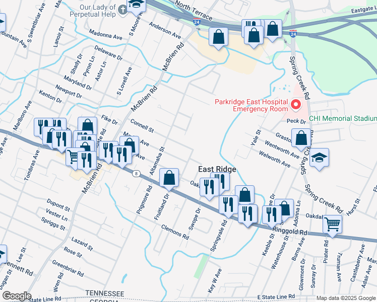 map of restaurants, bars, coffee shops, grocery stores, and more near 5414 Connell Street in Chattanooga