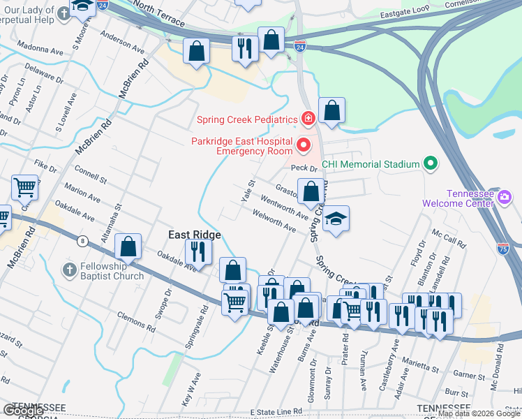 map of restaurants, bars, coffee shops, grocery stores, and more near 5917 Wentworth Avenue in East Ridge