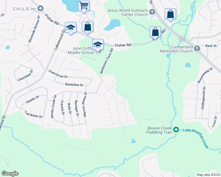map of restaurants, bars, coffee shops, grocery stores, and more near 3018 McCandless Court in Fayetteville