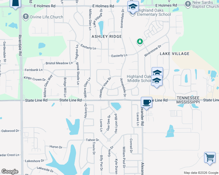 map of restaurants, bars, coffee shops, grocery stores, and more near 5583 Liberty Ridge Cove in Memphis