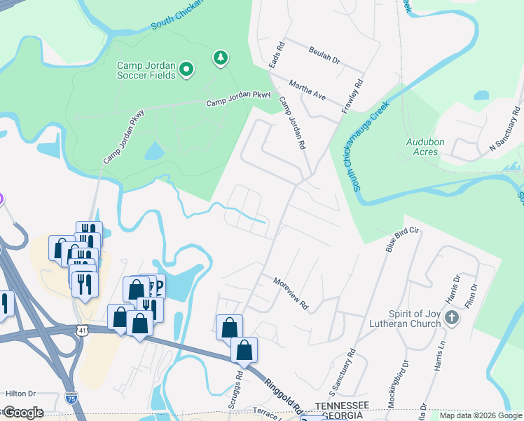 map of restaurants, bars, coffee shops, grocery stores, and more near 503 Frawley Road in Chattanooga