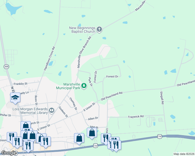 map of restaurants, bars, coffee shops, grocery stores, and more near 1023 Forest Drive in Marshville