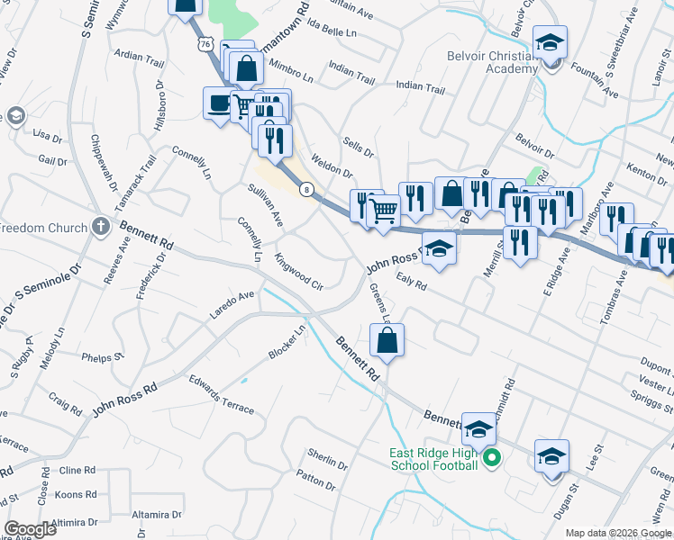 map of restaurants, bars, coffee shops, grocery stores, and more near 1029 Greenslake Road in East Ridge