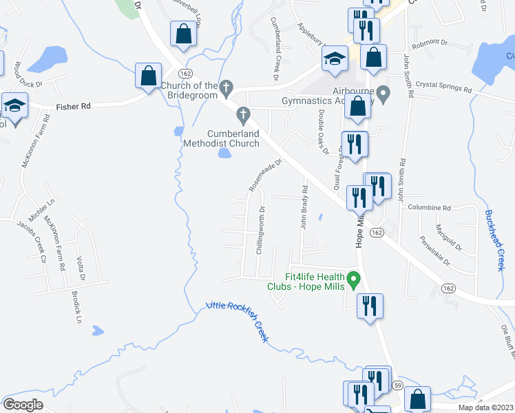 map of restaurants, bars, coffee shops, grocery stores, and more near 2832 Chillingworth Drive in Fayetteville