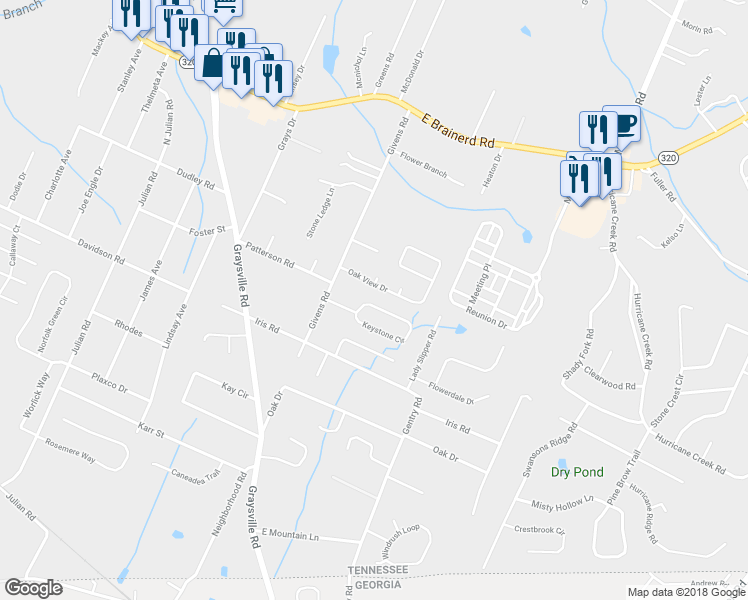 map of restaurants, bars, coffee shops, grocery stores, and more near 8481 Keystone Circle in Chattanooga