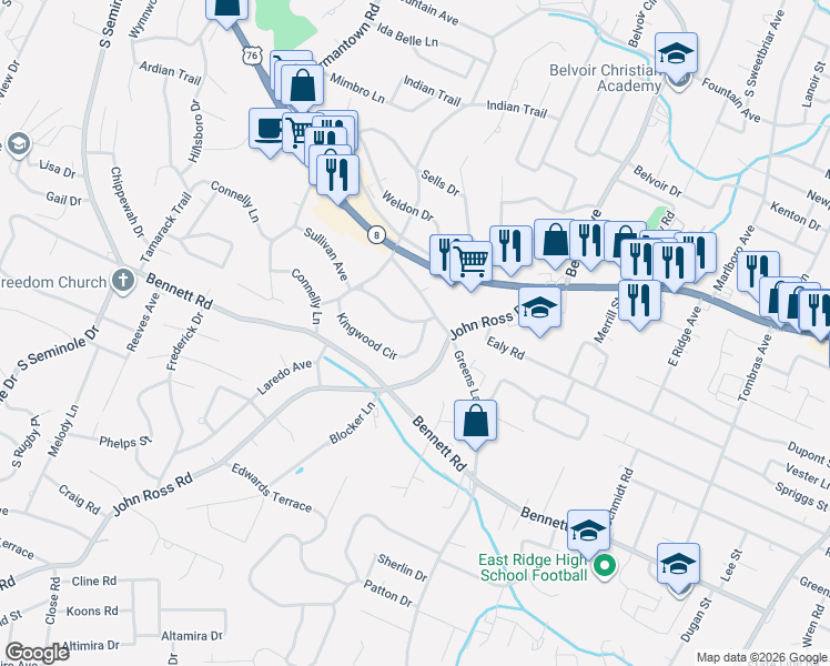 map of restaurants, bars, coffee shops, grocery stores, and more near 1029 Greenslake Road in East Ridge