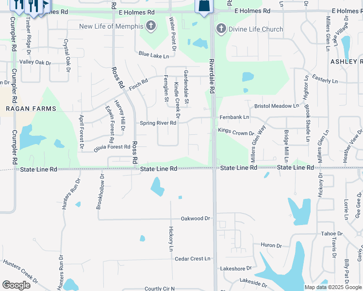 map of restaurants, bars, coffee shops, grocery stores, and more near 5578 Kindle Creek Drive in Memphis