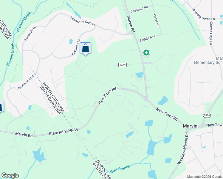 map of restaurants, bars, coffee shops, grocery stores, and more near 10391 New Town Road in Marvin