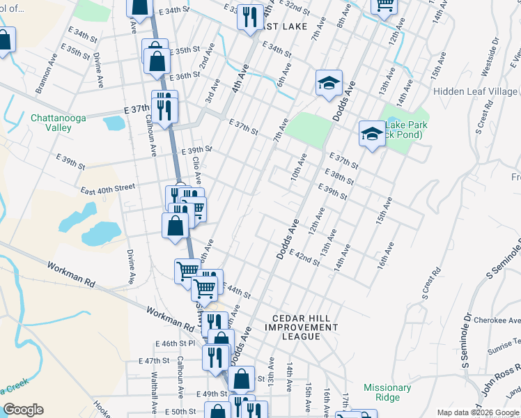 map of restaurants, bars, coffee shops, grocery stores, and more near 4000 7th Avenue in Chattanooga