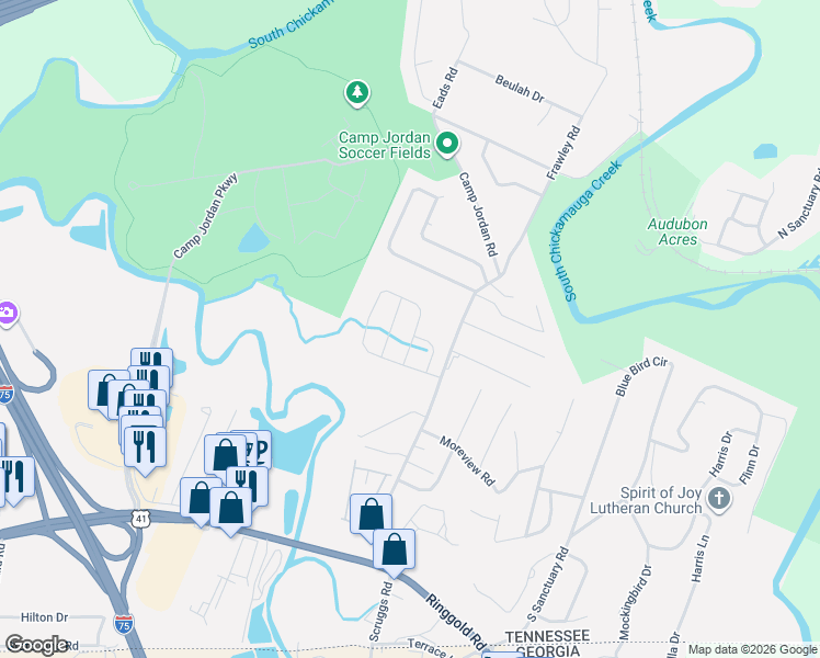 map of restaurants, bars, coffee shops, grocery stores, and more near 503 Frawley Road in Chattanooga