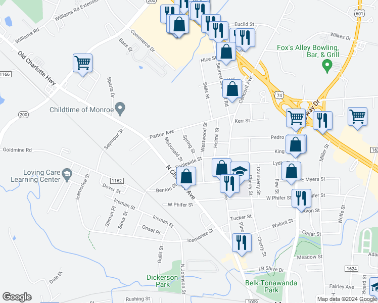 map of restaurants, bars, coffee shops, grocery stores, and more near 1403 Spring Street in Monroe