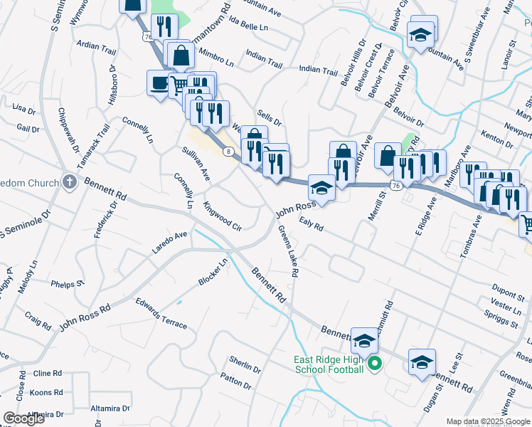 map of restaurants, bars, coffee shops, grocery stores, and more near 1029 Greenslake Road in East Ridge