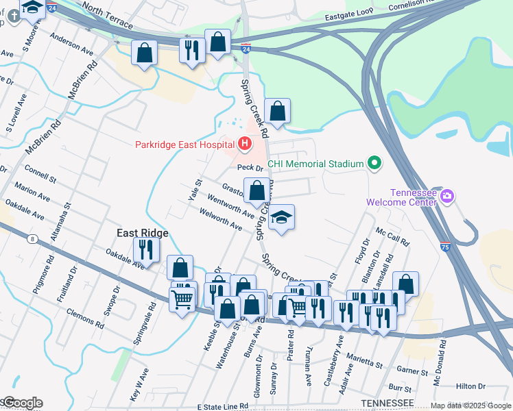 map of restaurants, bars, coffee shops, grocery stores, and more near 6028 Graston Avenue in Chattanooga