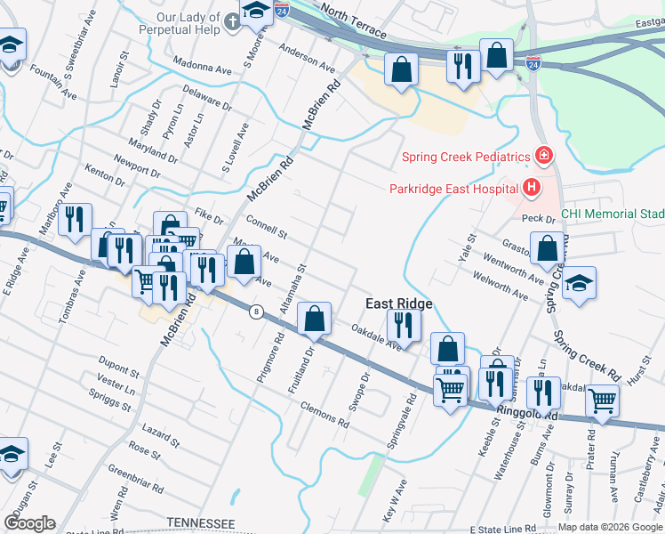 map of restaurants, bars, coffee shops, grocery stores, and more near 5414 Connell Street in Chattanooga