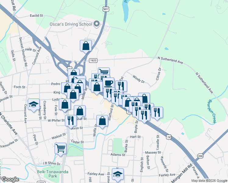map of restaurants, bars, coffee shops, grocery stores, and more near 1407 Stafford Street in Monroe