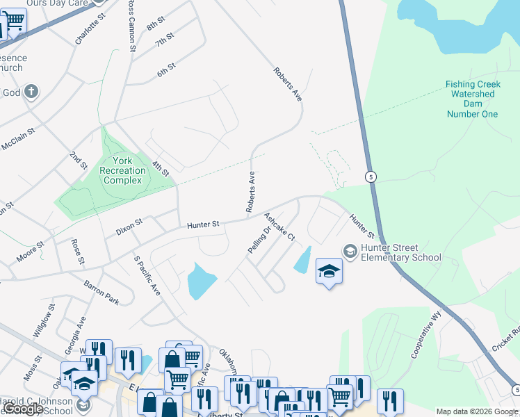 map of restaurants, bars, coffee shops, grocery stores, and more near 1003 Hunter Street in York