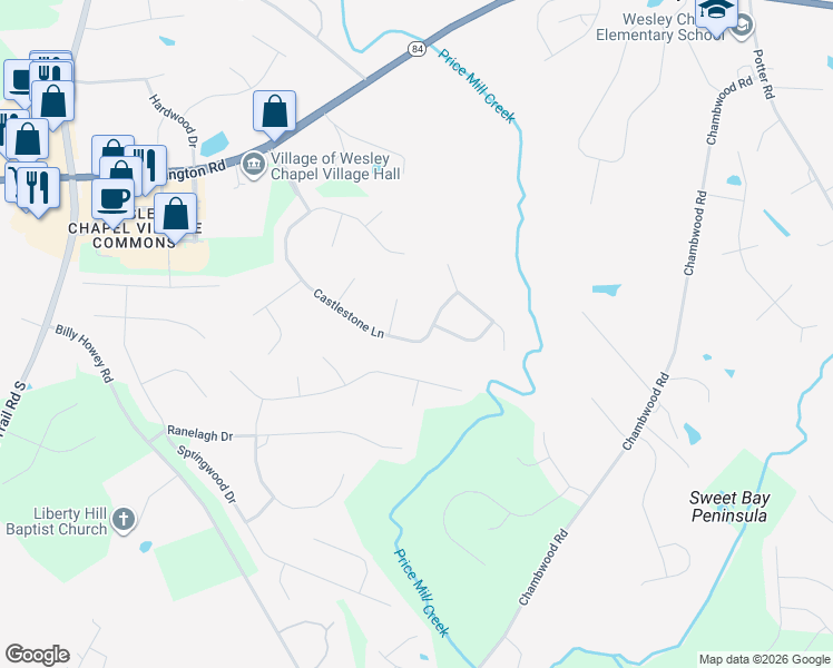 map of restaurants, bars, coffee shops, grocery stores, and more near 707 Castlestone Lane in Matthews