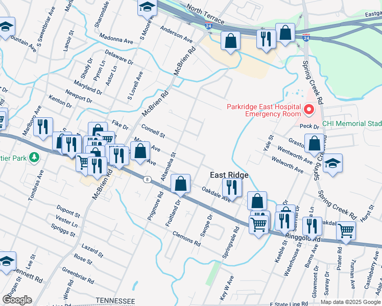 map of restaurants, bars, coffee shops, grocery stores, and more near 5414 Connell Street in Chattanooga