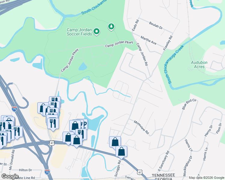map of restaurants, bars, coffee shops, grocery stores, and more near 503 Frawley Road in Chattanooga