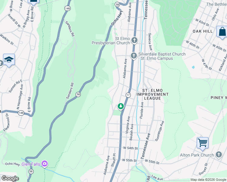 map of restaurants, bars, coffee shops, grocery stores, and more near 4712 Michigan Ave in Chattanooga