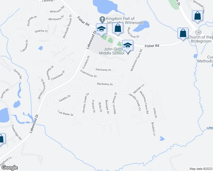 map of restaurants, bars, coffee shops, grocery stores, and more near 2723 Bardolino Drive in Fayetteville