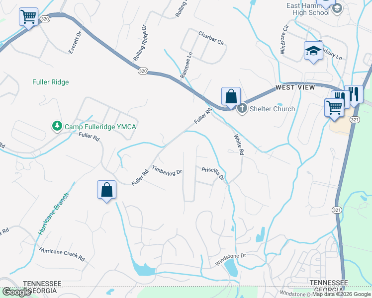 map of restaurants, bars, coffee shops, grocery stores, and more near 1412 Timbercrest Lane in Chattanooga
