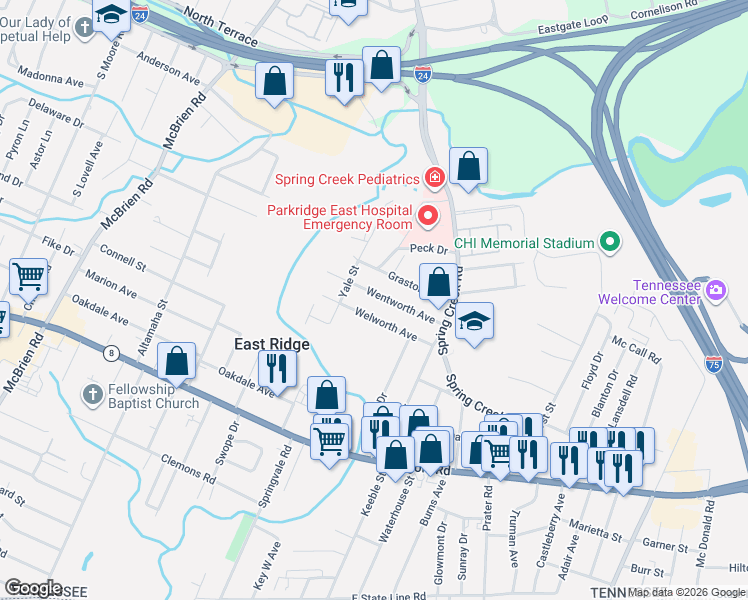 map of restaurants, bars, coffee shops, grocery stores, and more near 5917 Wentworth Avenue in East Ridge