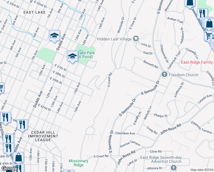 map of restaurants, bars, coffee shops, grocery stores, and more near 562 West Shadowlawn Drive in Chattanooga