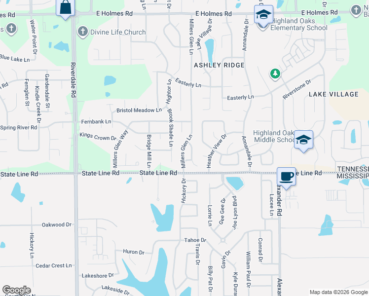 map of restaurants, bars, coffee shops, grocery stores, and more near 5567 Millers Glen Lane in Memphis