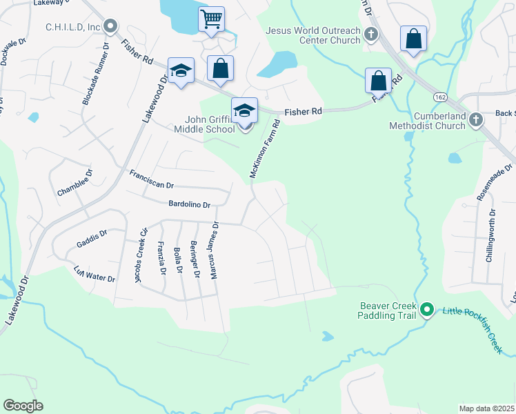 map of restaurants, bars, coffee shops, grocery stores, and more near 4778 McKinnon Farm Road in Fayetteville