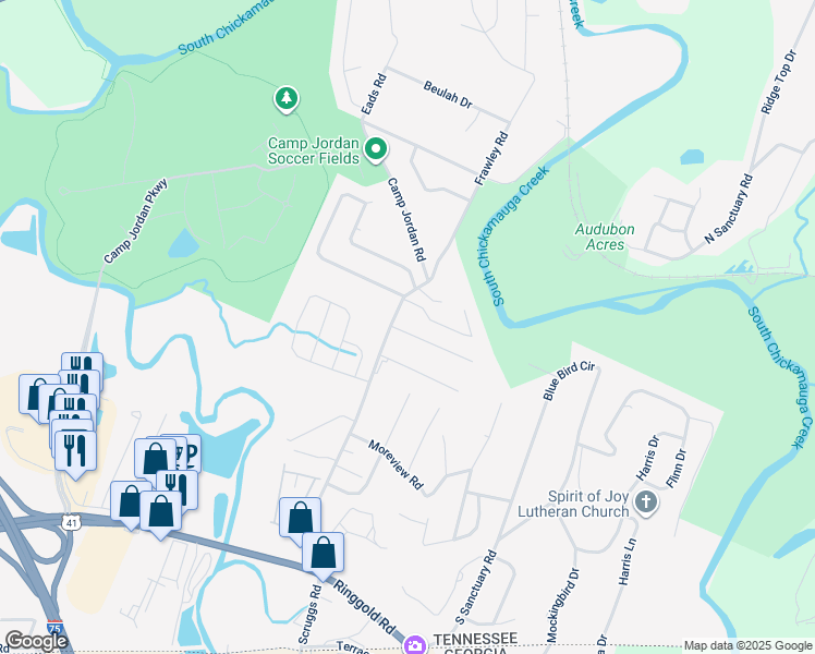map of restaurants, bars, coffee shops, grocery stores, and more near 6939 Tiffany Lane in Chattanooga