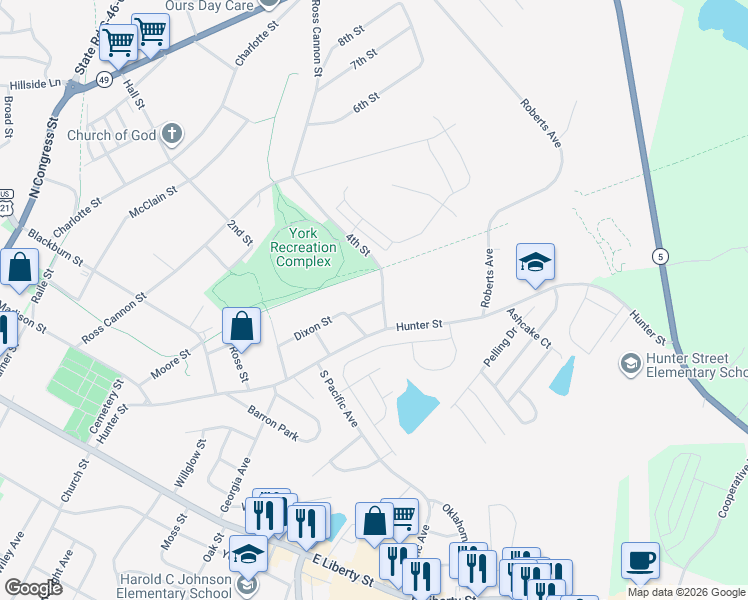 map of restaurants, bars, coffee shops, grocery stores, and more near 58 4th Street in York