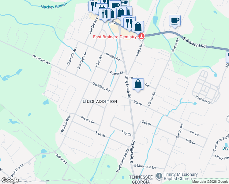 map of restaurants, bars, coffee shops, grocery stores, and more near 830 Lindsay Avenue in Chattanooga