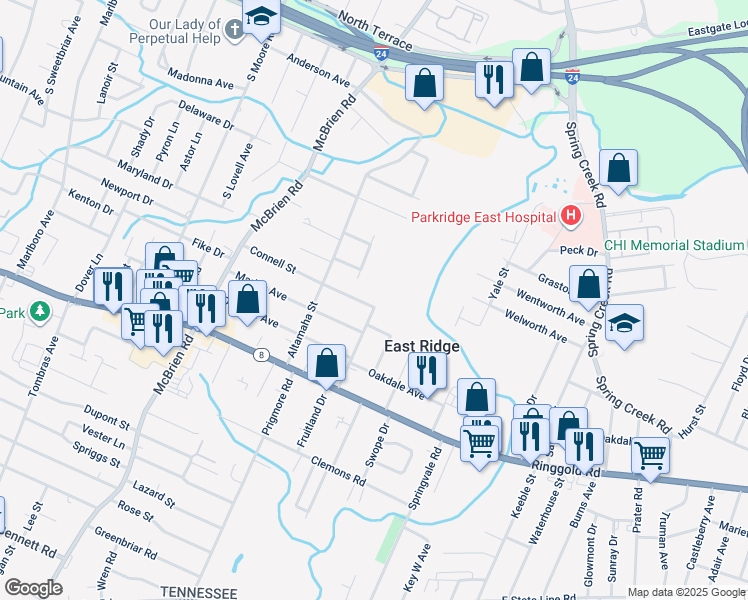 map of restaurants, bars, coffee shops, grocery stores, and more near 5419 Connell Street in Chattanooga