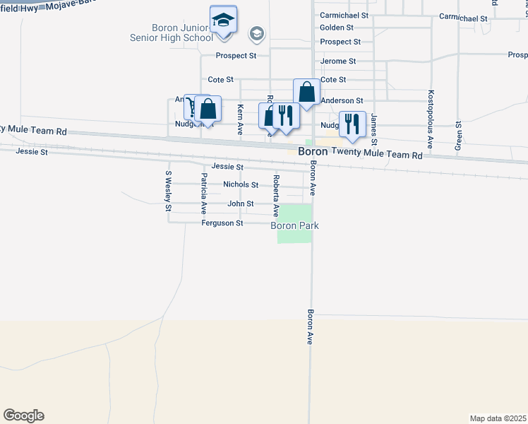 map of restaurants, bars, coffee shops, grocery stores, and more near 26880 John Street in Boron