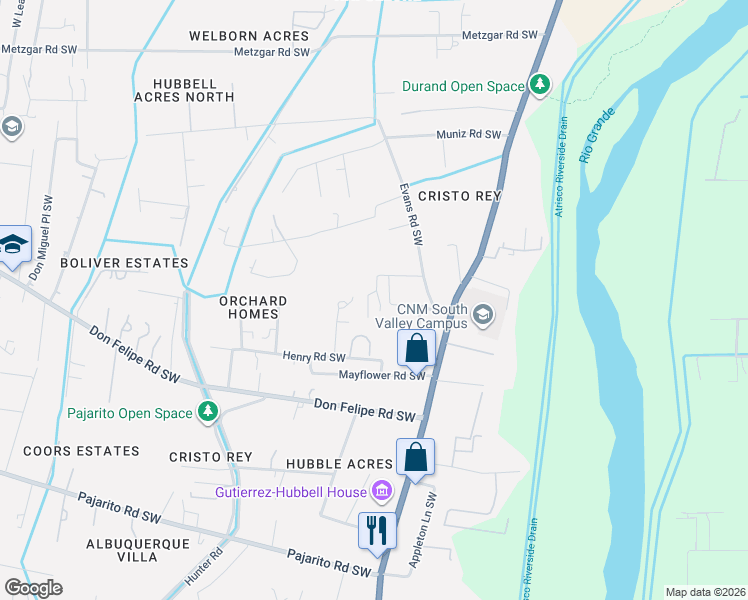 map of restaurants, bars, coffee shops, grocery stores, and more near 2142 Cordova Road Southwest in Albuquerque