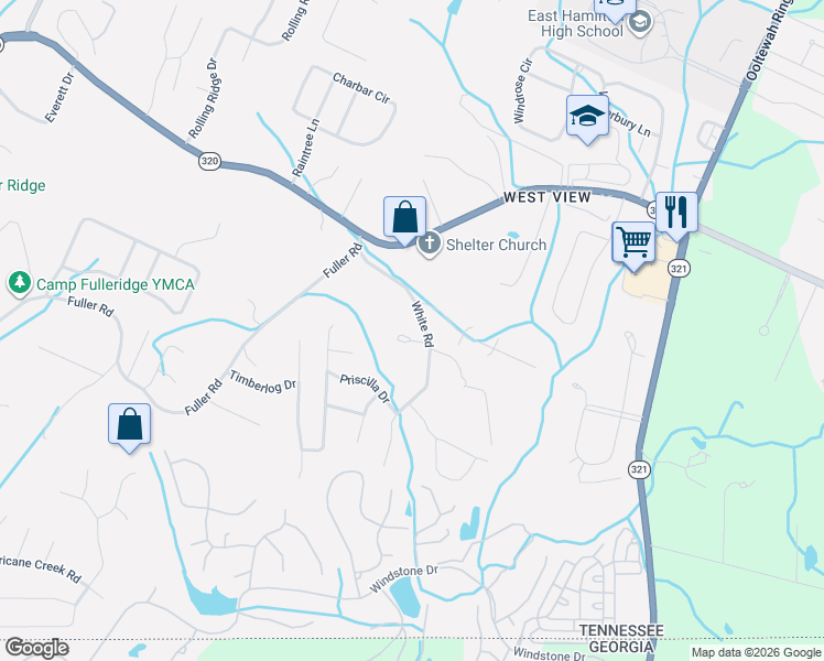 map of restaurants, bars, coffee shops, grocery stores, and more near 407 White Road in Chattanooga