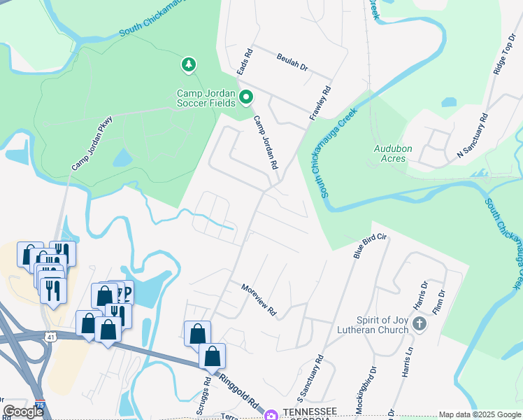 map of restaurants, bars, coffee shops, grocery stores, and more near 6939 Tiffany Lane in Chattanooga
